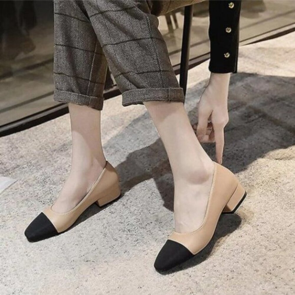 FOWT Beige Low Block Heels Round Cap Toe Driving Pumps Dress Loafers
